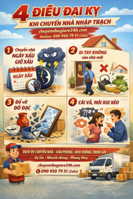 4 Điều Đại Kỵ Khi Chuyển Nhà Nhập Trạch. Chuyển nhà ngày xấu, giờ xấu. Đi tya không vào nhà mới. Đổ vỡ đồ đạc. Cãi vã, nói xui xẻo